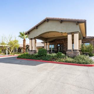 A modern building entrance with a landscaped area and palm tree.