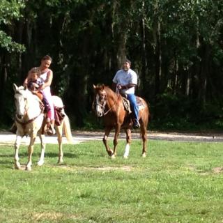 A family enjoying a horseback ride in a scenic outdoor setting.