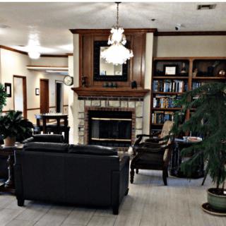 A cozy living room with a fireplace, surrounded by sofas and chairs, bookshelves, and indoor plants.