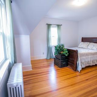 A cozy bedroom with hardwood floors, featuring a bed, indoor plant, and natural light from a window.
