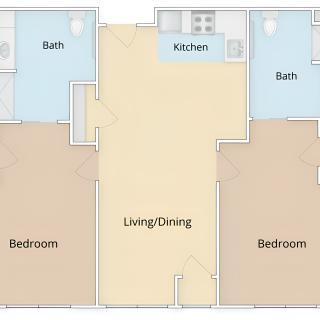 This is a floor plan of a two-bedroom apartment featuring a living/dining area, kitchen, and two bathrooms.