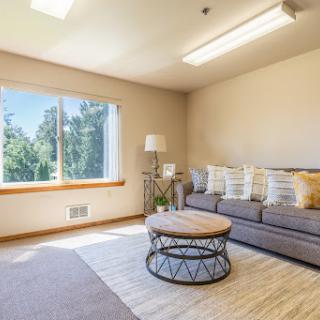 A cozy and modern living room featuring a comfortable sofa, decorative pillows, and a stylish coffee table, illuminated by natural light from the window.