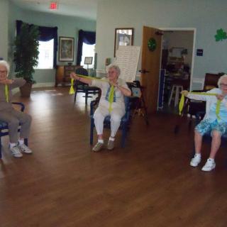 Seniors engaging in a chair exercise session indoors.