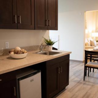 A modern kitchen setup with dark wood cabinets, a small fridge, and a sink on the countertop.