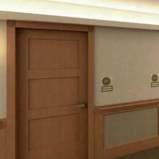 A hallway featuring a closed wooden door and wall lighting.