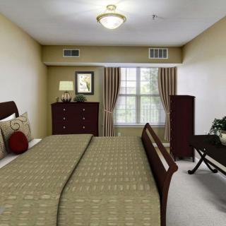 A neatly arranged bedroom with classic furniture and soft lighting.