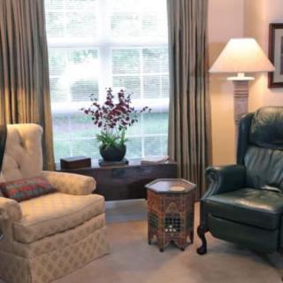A cozy living room with two chairs, a lamp, and an indoor plant by the window.