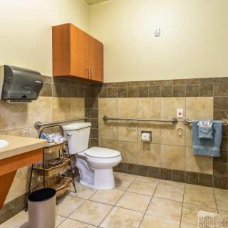 An accessible bathroom with a toilet, sink, and grab bars.