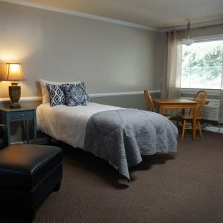 A cozy bedroom with a single bed, bedside lamp, and a small seating area by the window.