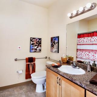 A bright and neatly organized bathroom with a granite countertop, featuring a sink, toilet, large mirror, and decorative wall art.