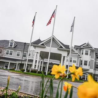 A large building with flags flying on a cloudy day, surrounded by vibrant yellow flowers.