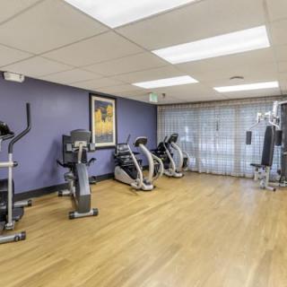 A modern fitness center with exercise equipment lined up on a wooden floor.