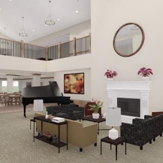 A stylish and spacious living room featuring a piano, modern furniture, and an inviting atmosphere.