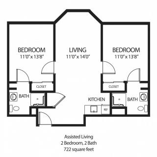 Floor plan of a 2-bedroom, 2-bathroom assisted living apartment.