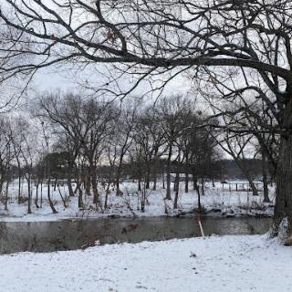A serene winter landscape featuring a snow-covered riverbank and bare trees.