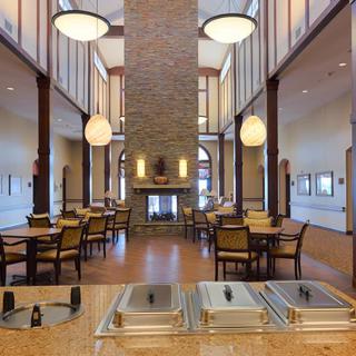 Spacious dining hall with modern decor and ample seating.