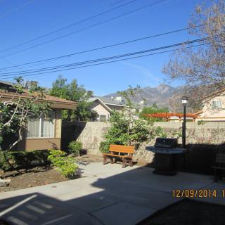 A sunny backyard with a garden, bench, and mountain view.