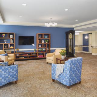 A cozy living room featuring modern dcor with comfortable armchairs, a television, and bookshelves against a blue accent wall.