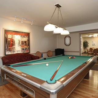 A cozy billiards room featuring a pool table, artwork on the wall, and comfortable seating under ceiling lights.