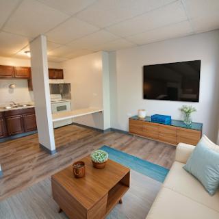 A modern open-concept living area featuring a cozy seating arrangement and a well-equipped kitchen.