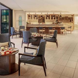 A modern lounge with comfortable seating and a well-stocked bar.