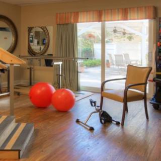 A rehabilitation room equipped with exercise equipment, therapy balls, and a comfortable chair, set in a cozy residential environment.