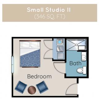 Floor plan of a small studio apartment featuring a bedroom and bathroom.