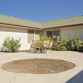 A sunny courtyard with a patio set surrounded by a garden.