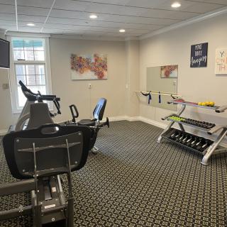 A small gym setup with exercise equipment including a treadmill and a dumbbell rack.