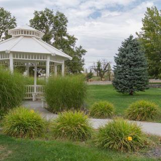 A tranquil park scene featuring a white gazebo surrounded by lush greenery and trees.