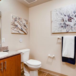 A modern bathroom interior featuring a toilet, sink, and decorative artwork on the walls.