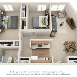 A detailed floor plan of a two-bedroom apartment featuring a kitchen, living room, and bathroom.