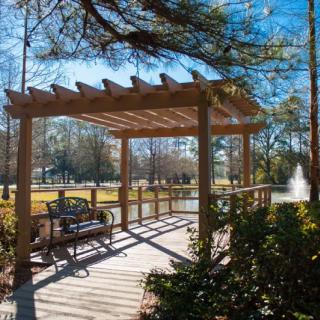 A serene park scene featuring a wooden pergola and bench overlooking a pond with a fountain.