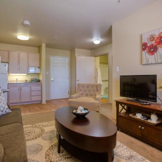 A cozy living room with a view of a small kitchen, featuring a sofa, coffee table, and TV.