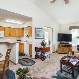 A cozy living room with an open floor plan featuring a connected kitchen, decorated with warm wooden cabinets and furnishings.