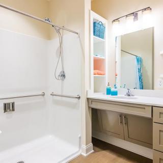 A modern bathroom with a walk-in shower and vanity area.