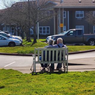 An elderly couple sitting together on a bench enjoying a sunny day.