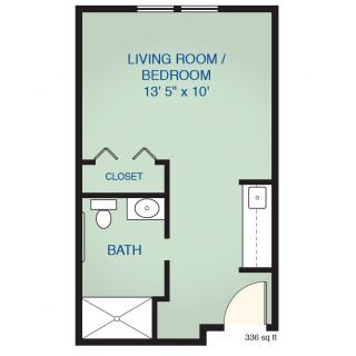 A floor plan of a studio apartment featuring a combined living room and bedroom area, a bathroom, and a closet.