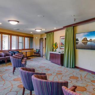 A spacious waiting room with comfortable seating and decorative artwork.