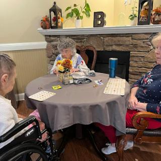 Seniors enjoying a game at a social gathering in a cozy indoor setting.
