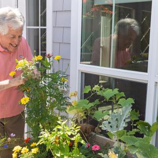 An elderly person enjoying gardening with vibrant flowers outside their home.