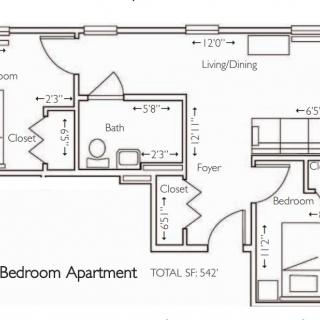 A floor plan of a two-bedroom apartment detailing room dimensions and layout.