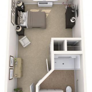 A top-down view of a compact bedroom design with furniture layout.