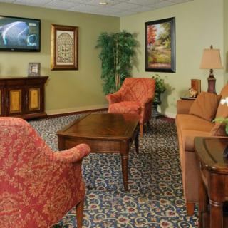 A cozy living room setup with upholstered chairs, a sofa, coffee table, and decorative elements like paintings and a TV.