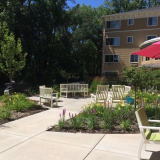 A sunny patio area with seating and gardens in front of a residential building.
