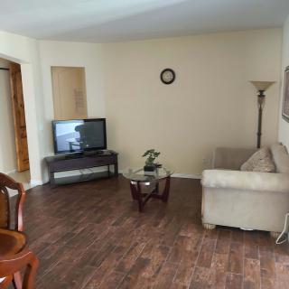 A cozy living room with a television, sofa, and minimalist decor on wooden flooring.