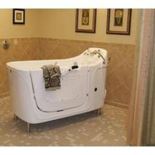 A bathroom featuring a modern walk-in bathtub designed for accessibility and safety.