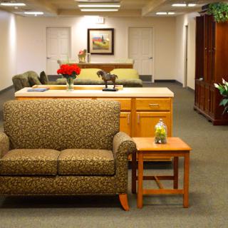 A cozy office lounge area featuring a patterned couch, coffee table, and decorative plants.
