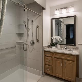 A modern bathroom with a walk-in shower and a vanity with wood cabinets.