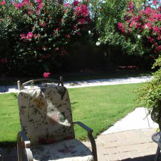 A sunny garden with a patio chair surrounded by vibrant flowers and greenery.